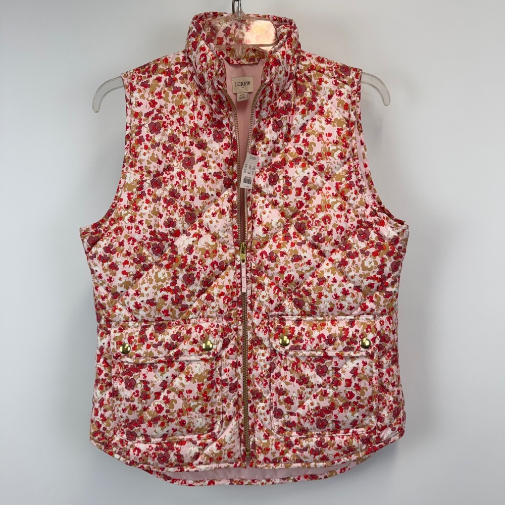 Crew Floral Quilted Puffer‎ Vest Re-Imagined  XS Pink Gold Snap Pockets NWT